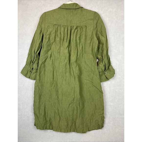 Poetry Dress Size 2 100% Linen Green 3/4 Sleeve Button Side Slit Pockets Preppy - Picture 10 of 11